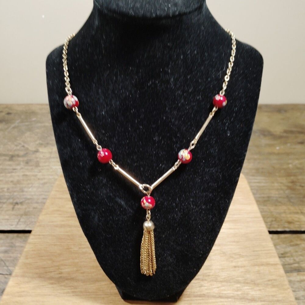 Vintage Sarah Coventry Necklace Gold Tone Signed Costume Red Floral Beads Tassel